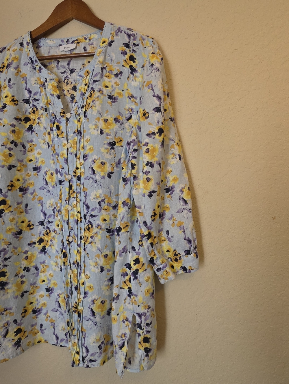 J. Jill Love Linen Tunic Top Light Blue Yellow Floral Button Down Peasant Blouse - Picture 2 of 7